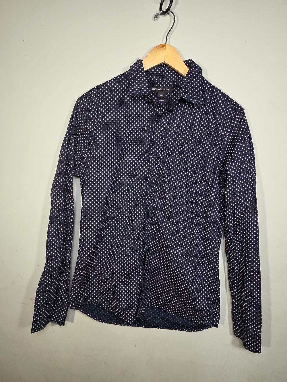 Michael Kors Men's M Slim Fit Navy Geometric Long Sleeve Button-Up Shirt